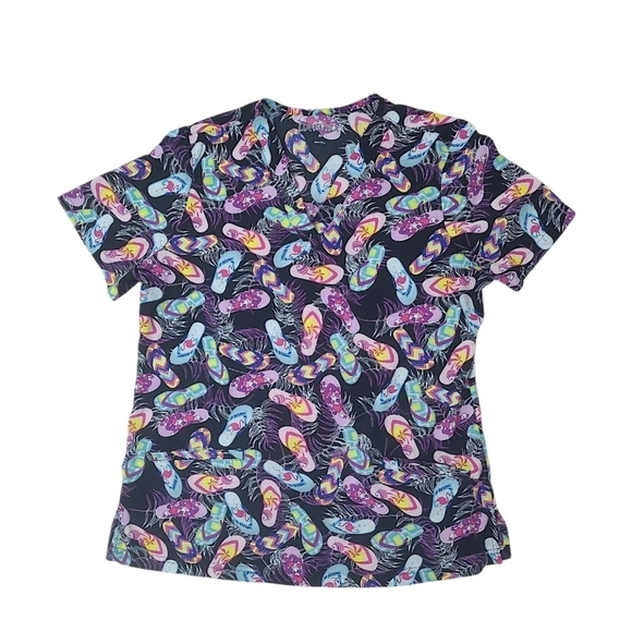 UA Scrubs Tops - The UA Flex2 Flip Flops Black V-Neck Print Scrub Top Size Medium